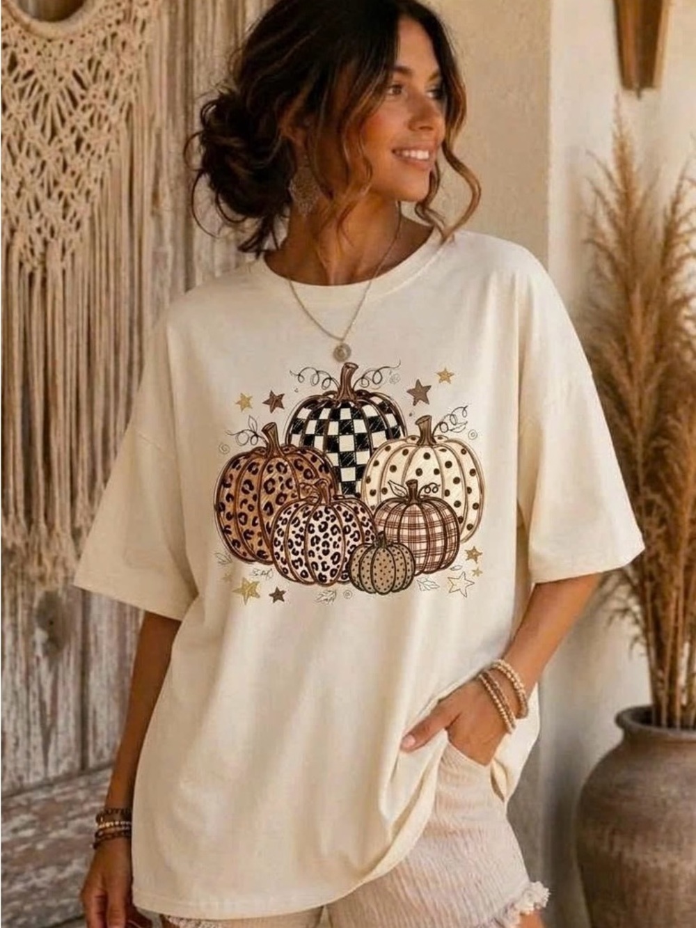 Leopard Plaid Pumpkin Halloween Fall Graphic Tee Cream Shirt